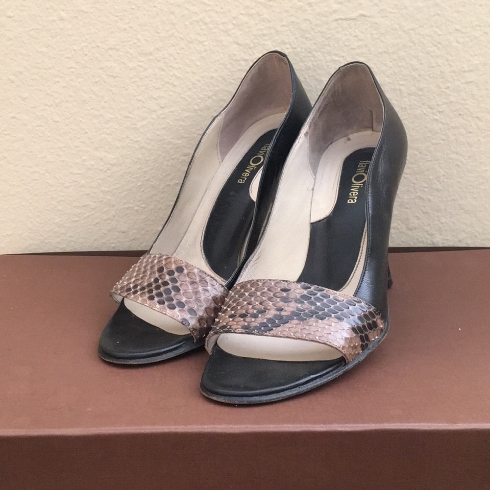 Black Leather Peep-Toe Heels with Snake Skin